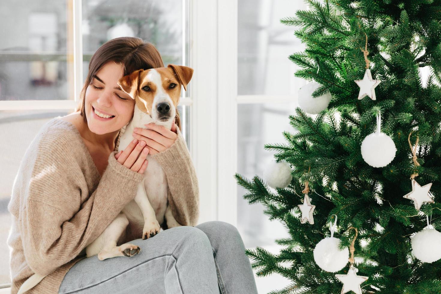 Horizontal shot of caring smiling woman hugs puppy with love, enjoys cozy atmopshere and lovely moment, smiles pleasantly, decorate New Year tree together, celebrate favourite holiday at home photo