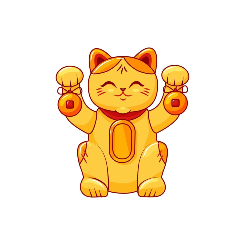 gato japonés dorado con patas levantadas. maneki neko símbolo suerte y riqueza. ilustración de dibujos animados vectoriales fondo blanco aislado. vector