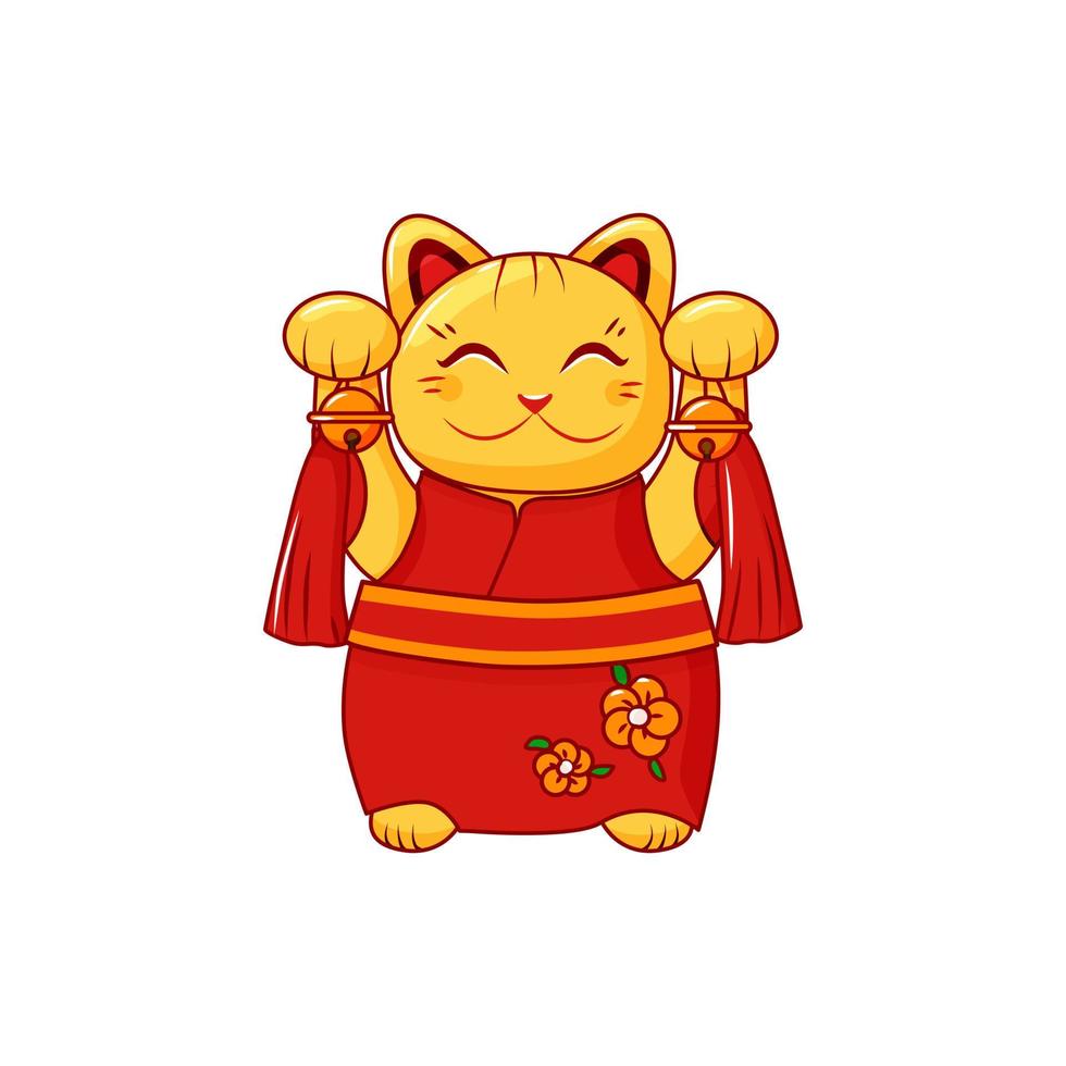 Golden Maneki Neko Japanese good luck cat on a white isolated background.  Statuette in a red kimono.  Symbol  wealth. Vector cartoon illustration.