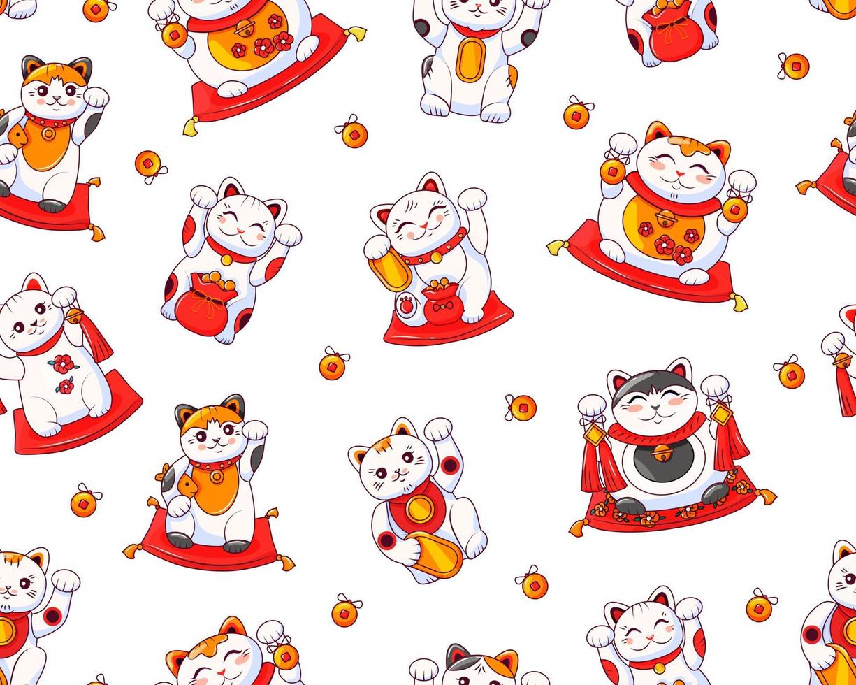 Different cute Japanese cats of good luck Maneki Neko. For printing on paper and fabric. Symbol  wealth. Seamless vector pattern.