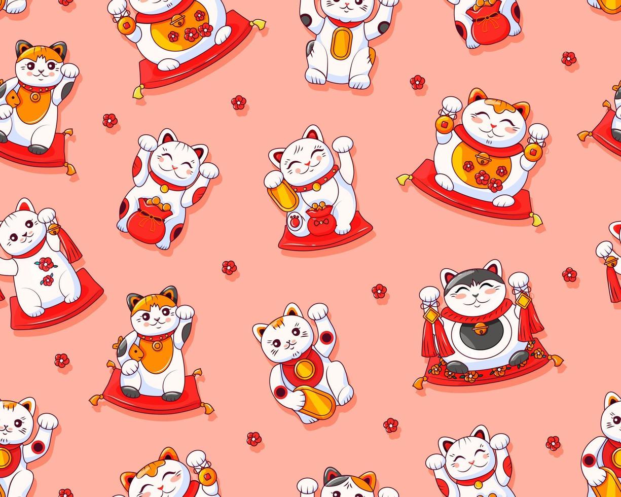 Cute Maneki Neko Japanese cat seamless pattern. Symbol of luck and
