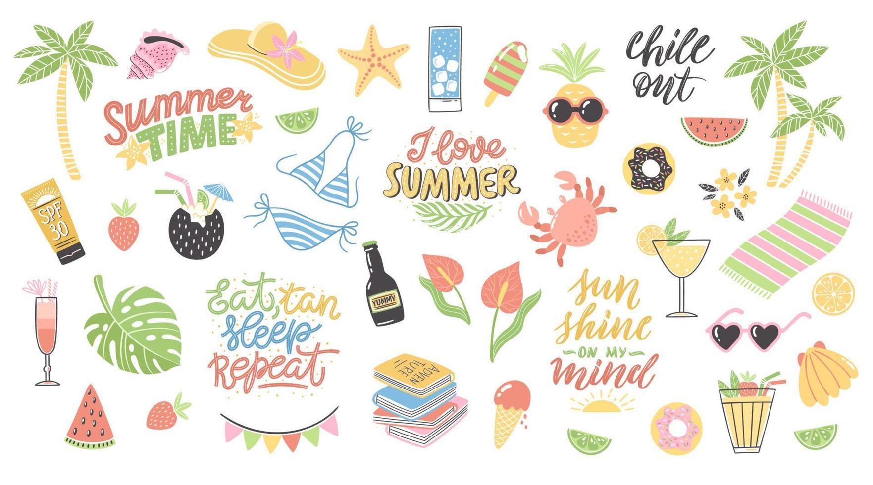 Colorful summer clipart set with lettering. Hand drawn holiday decoration. Isolated vector illustration design with summer elements like swimsuit, crab, sunglasses, cocktails, donut etc.