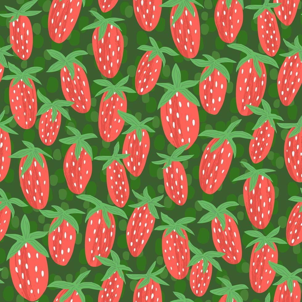 Hand-drawn seamless pattern with strawberries. Juicy berries on a deep green background with texture.  Fabric print textured design. Creative stylish illustration for paper and gift wrap. vector