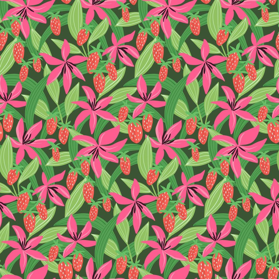 Hand-drawn seamless pattern with flowers, leaves and strawberries. Colorful floral illustration for paper and gift wrap. Fabric print summer design. Creative stylish background. vector