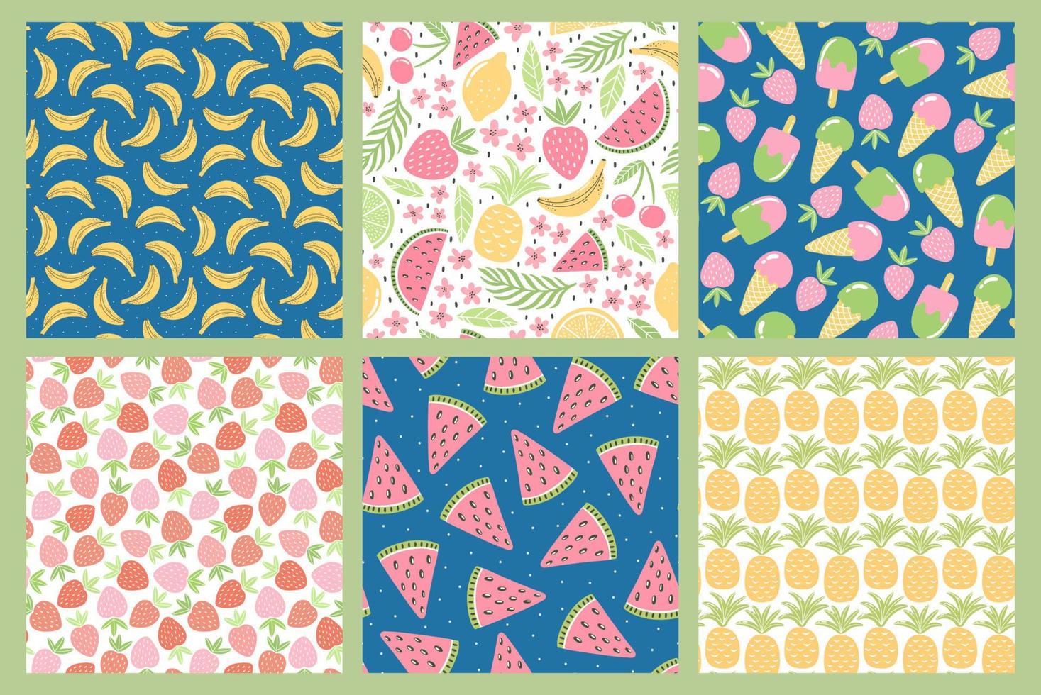 Set of seamless patterns with colorful fruits and sweets for textile design. Summer background in bright colors. Hand-drawn trendy vector illustrations.