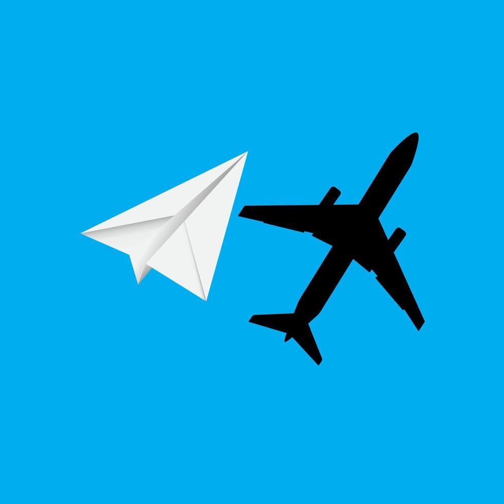 paper plane over blue background with plane shadow vector