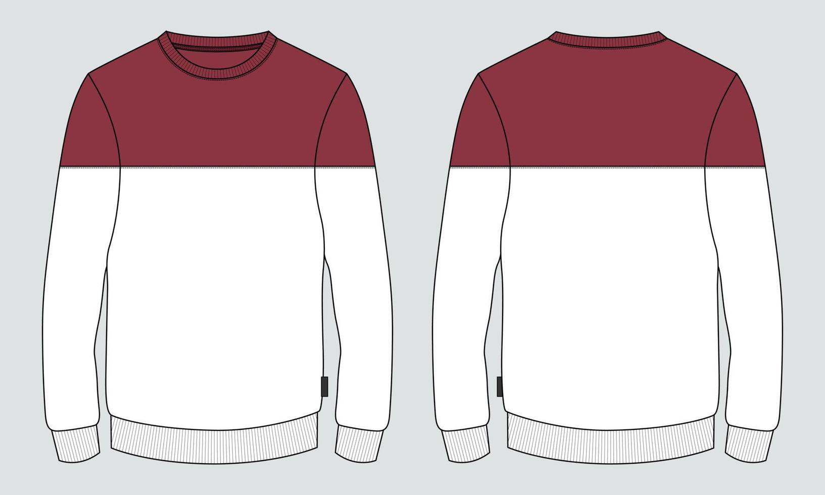 Two tone Red and White Color Long sleeve Sweatshirt technical fashion Flat Sketch drawing vector illustration template For men's. Apparel design mockup