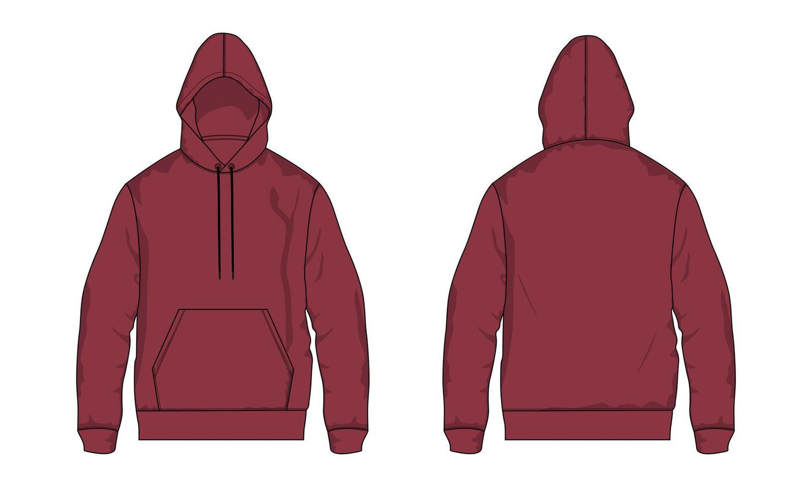 Long Sleeve Hoodie technical fashion flat sketch vector illustration Red Color template
