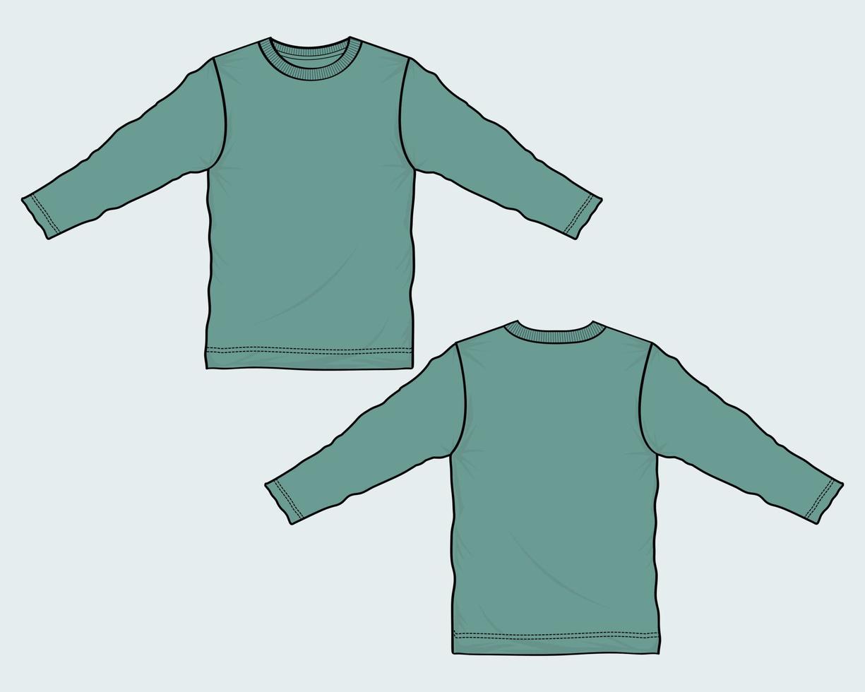 Long sleeve t shirt technical fashion flat sketch vector illustration green Color  template