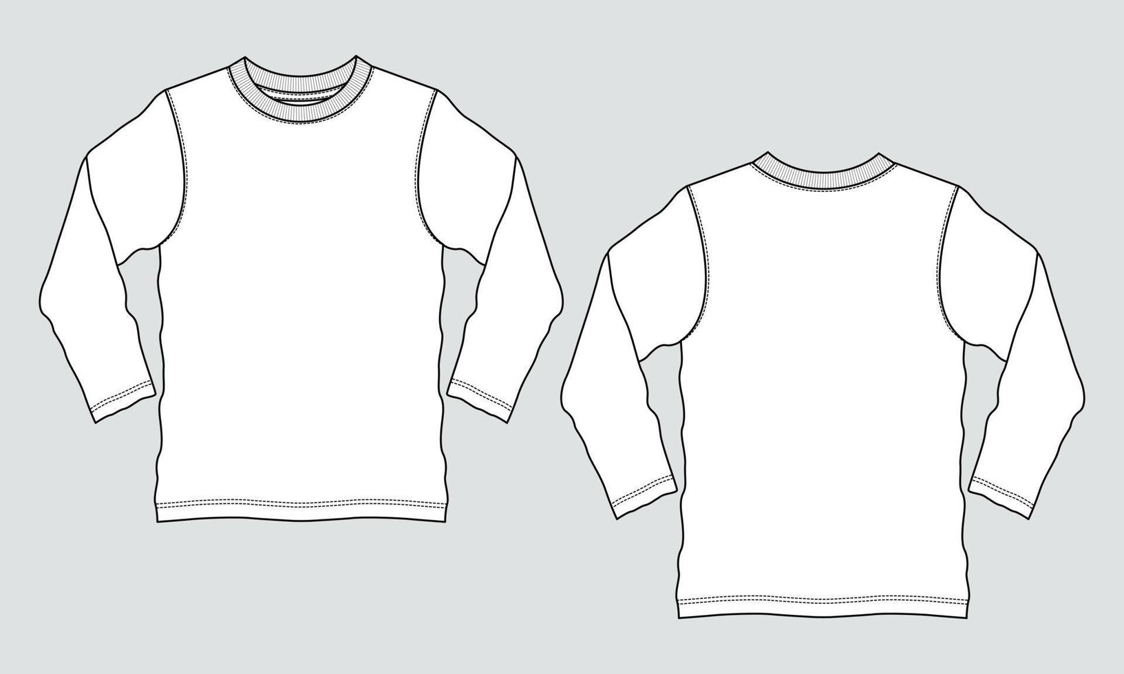 vista frontal y posterior de la plantilla de ilustración vectorial de boceto plano de moda técnica de camiseta de manga larga vector