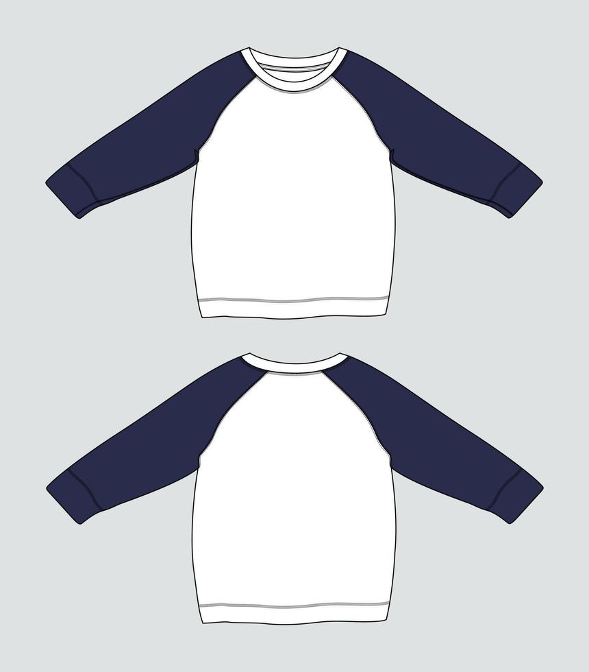 plantilla de dibujo plano de moda técnica de sudadera raglán de color azul marino y blanco de dos tonos para mujer vector