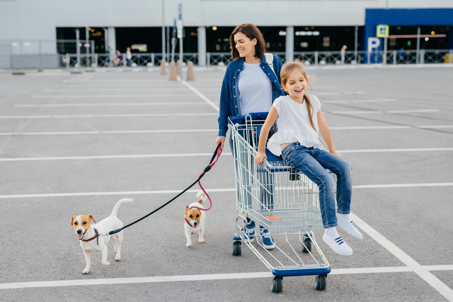 Outdoor shot of happy mother and her little daughter walk with dogs on leash, carry cart, return from shopping mall, have free time during day off. Family, pets and making purchases concept. photo