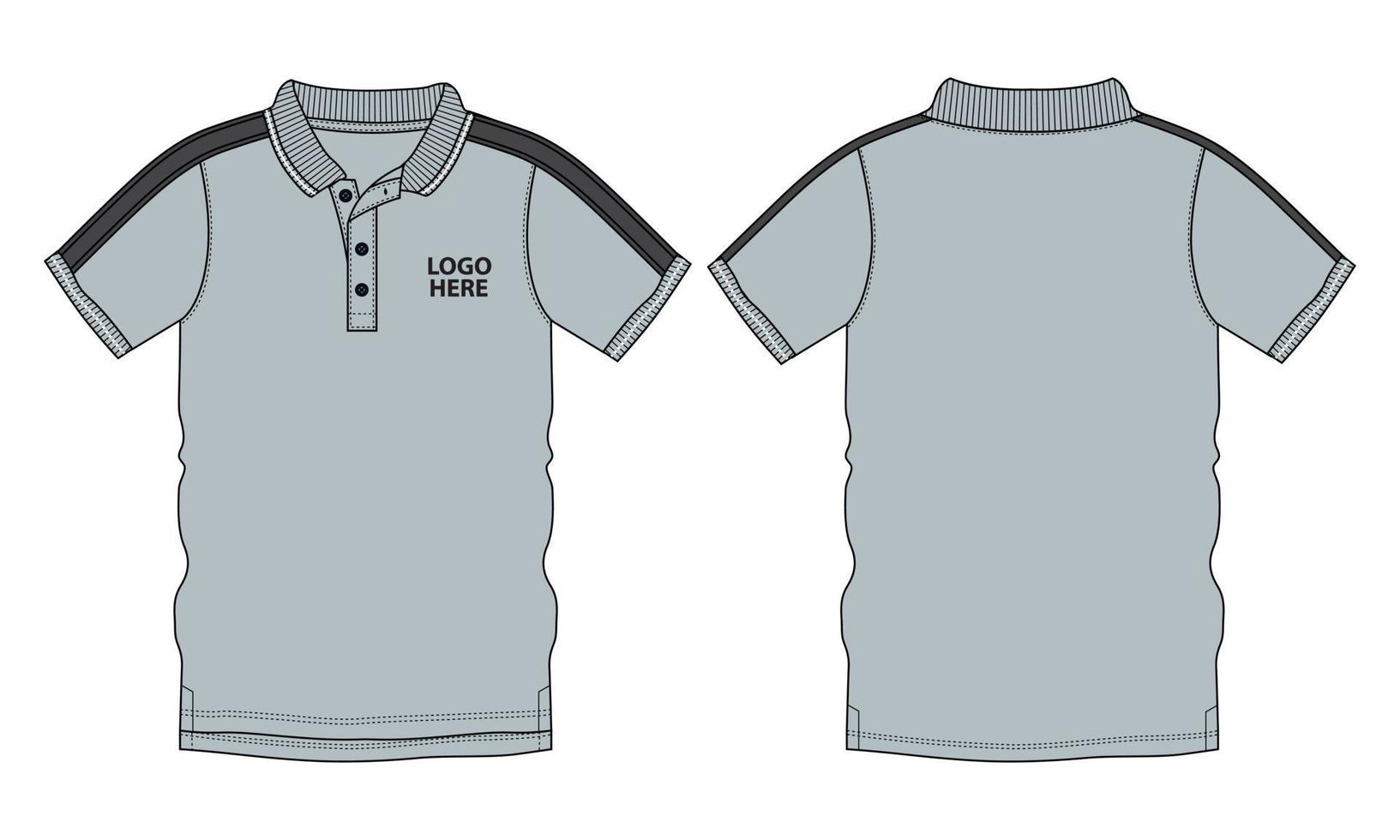 Short Sleeve polo shirt technical fashion flat sketch vector illustration grey Color template front and back views