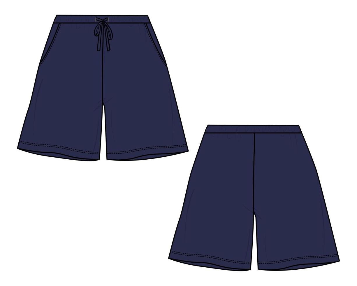 pantalones cortos moda técnica dibujo plano ilustración vectorial plantilla de color azul marino vistas frontal y posterior. vector