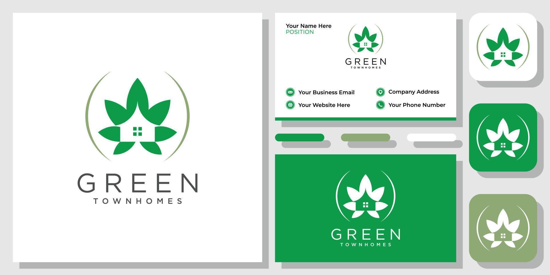 Green Townhome nature leaf environment life healthy property residential with business card template vector