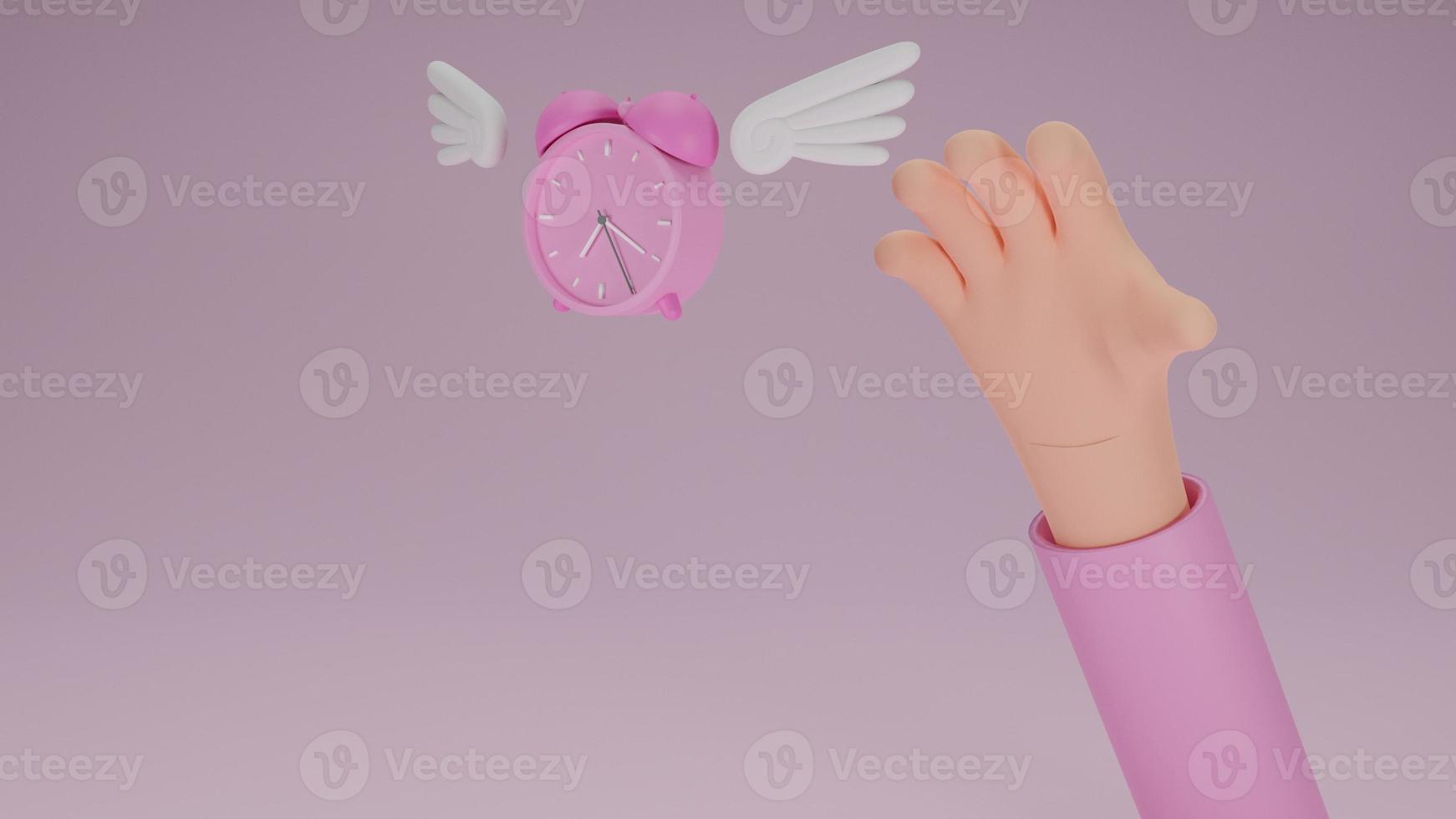 vintage ringing alarm clock with wings flying escape away from a hand of business.business income concept.deedline, lack of time.3d render illustration. photo