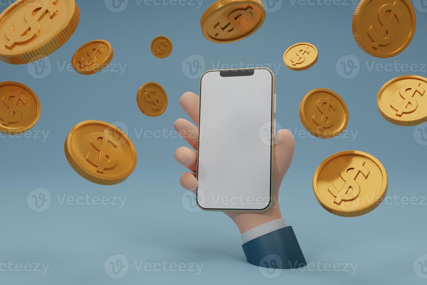 mano de negocios con teléfono inteligente con pantalla en blanco y rodeado de monedas de oro, transferencia de criptomonedas, pago a través de un teléfono inteligente, banco de teléfonos móviles, billetera, fondo aislado. Representación 3d. foto