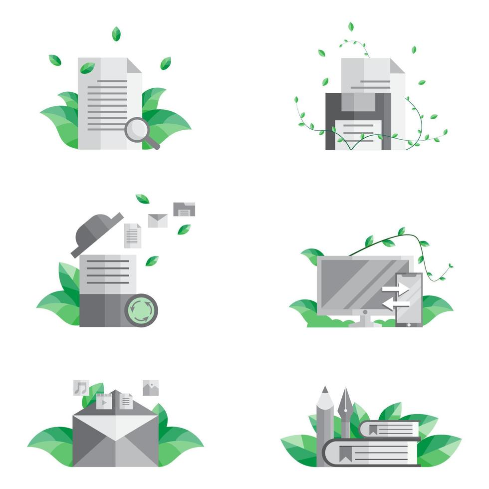 Document tool with leaves illustration set vector