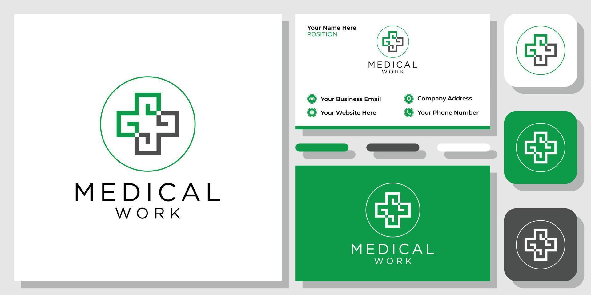 Medical Work initials cross medical treat app hospital with business card template vector