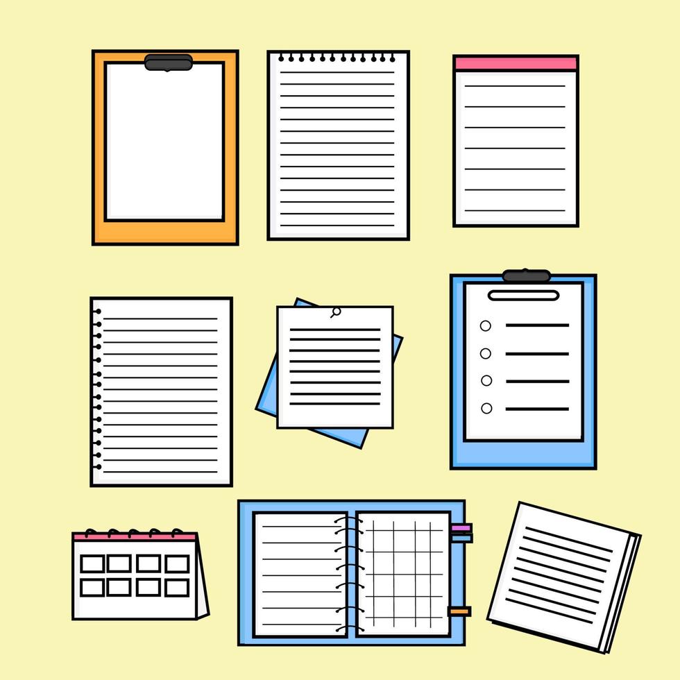 arious stationery for taking notes. Types of notes and pages. flat design style vector illustration.