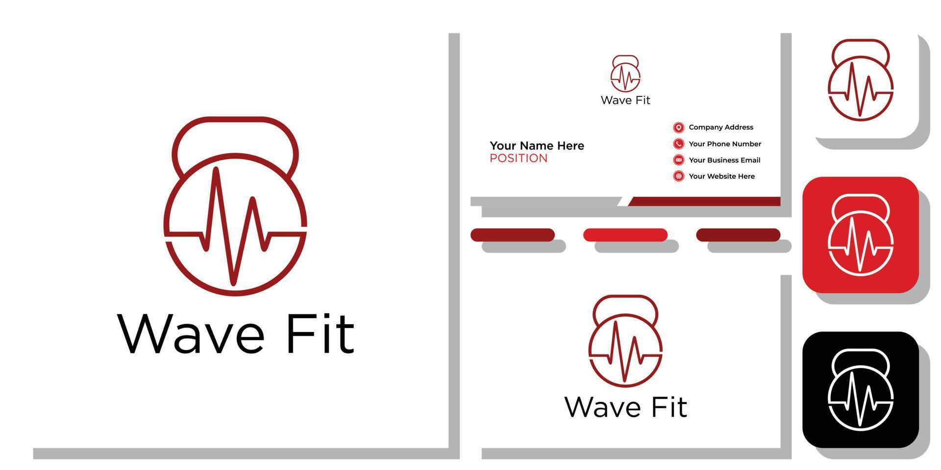 Wave Fit healthy heartbeat gym training physical with business card template vector