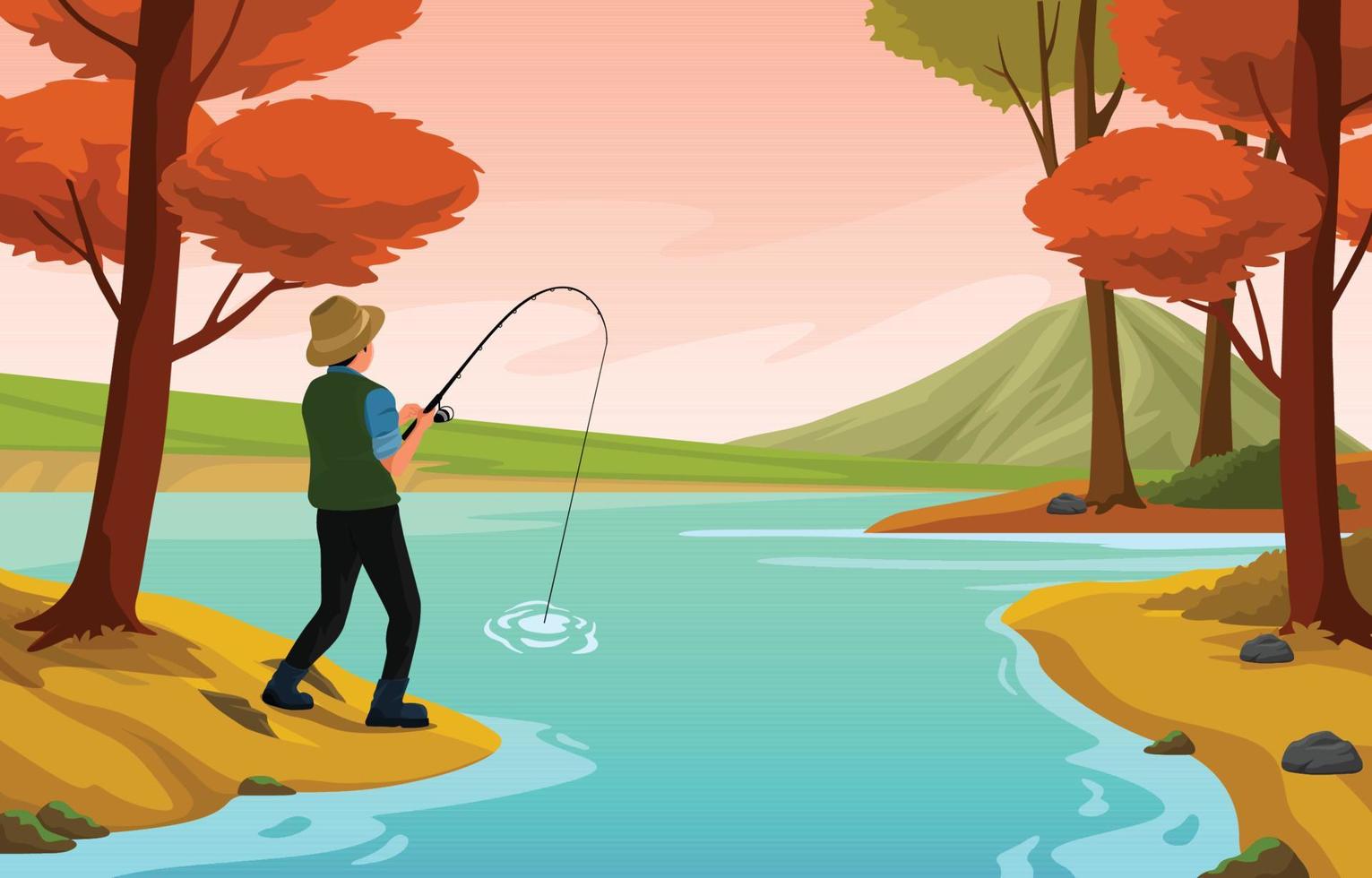 Fishing At Lake In The Fall Background vector