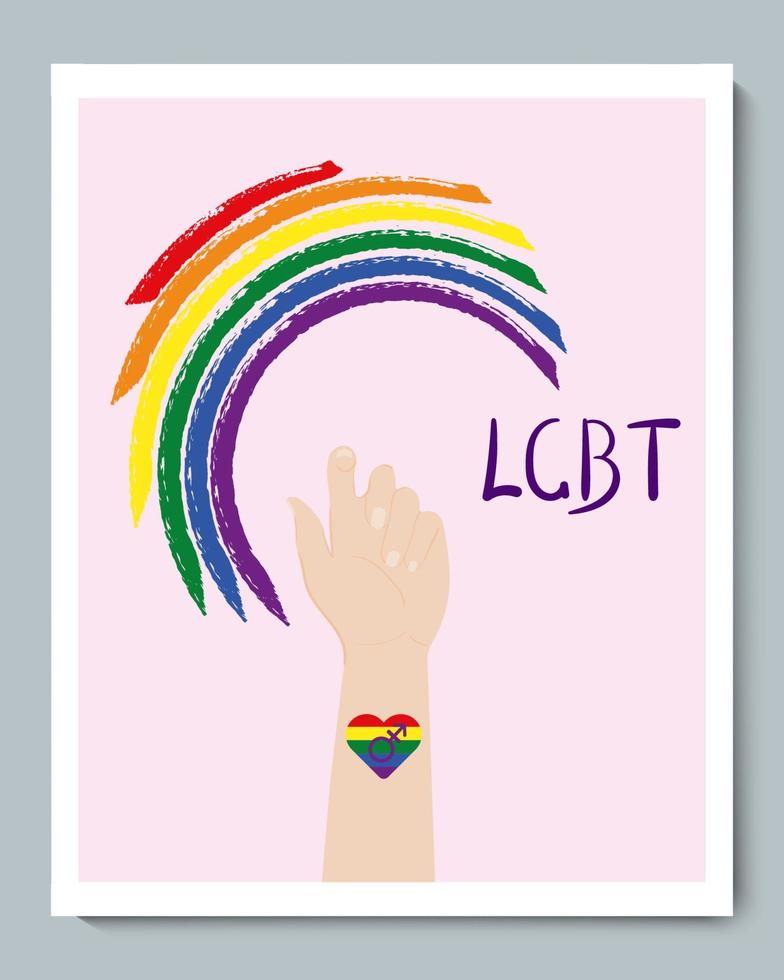 mano blanca con corazón de símbolo de género, inscripción de doole lgbt y semicírculo de arco iris vector