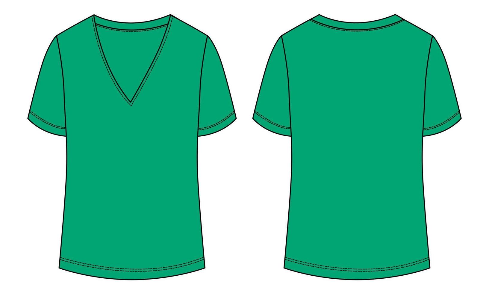 camiseta con cuello en v moda técnica boceto plano ilustración vectorial plantilla verde para damas vector