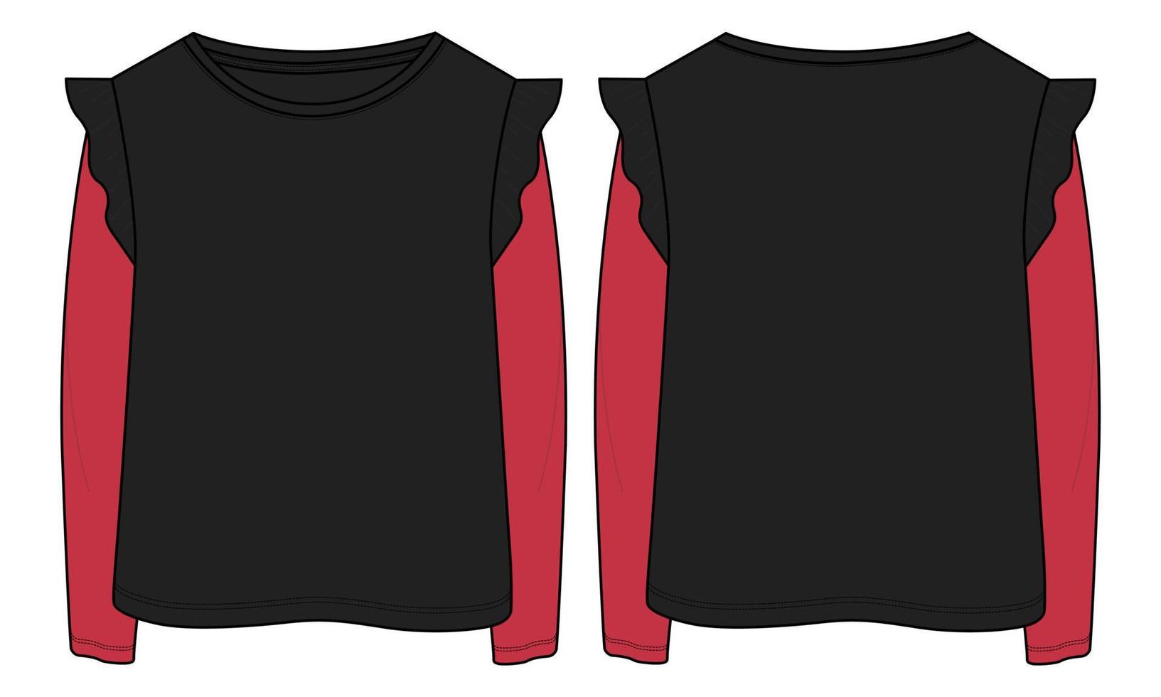 Long Sleeve T shirt Tops Technical fashion flat sketch vector black color template for baby girls