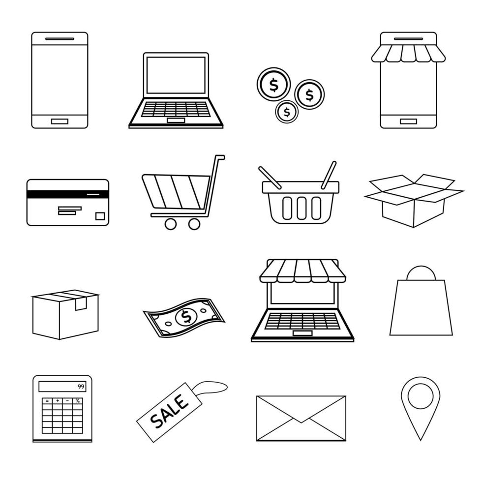 conjunto de 16 comercios electrónicos. iconos en el teléfono inteligente para la ilustración shopping.vector en línea. vector