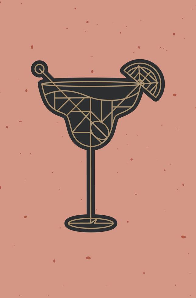 cóctel art deco margarita dibujando en estilo de línea sobre fondo de coral en polvo vector