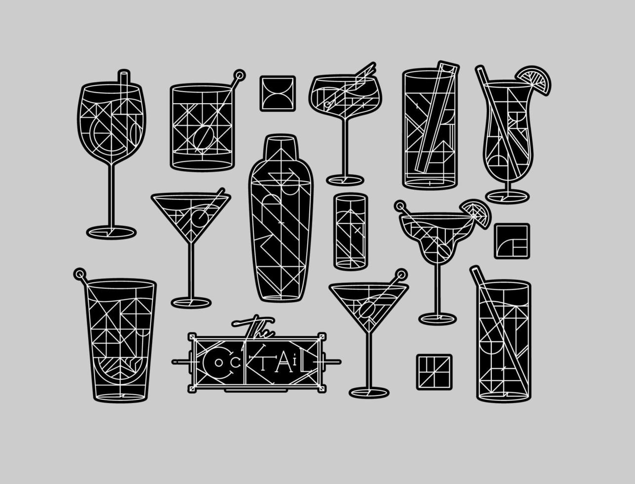 Art deco cocktails set drawing in line style on grey background vector