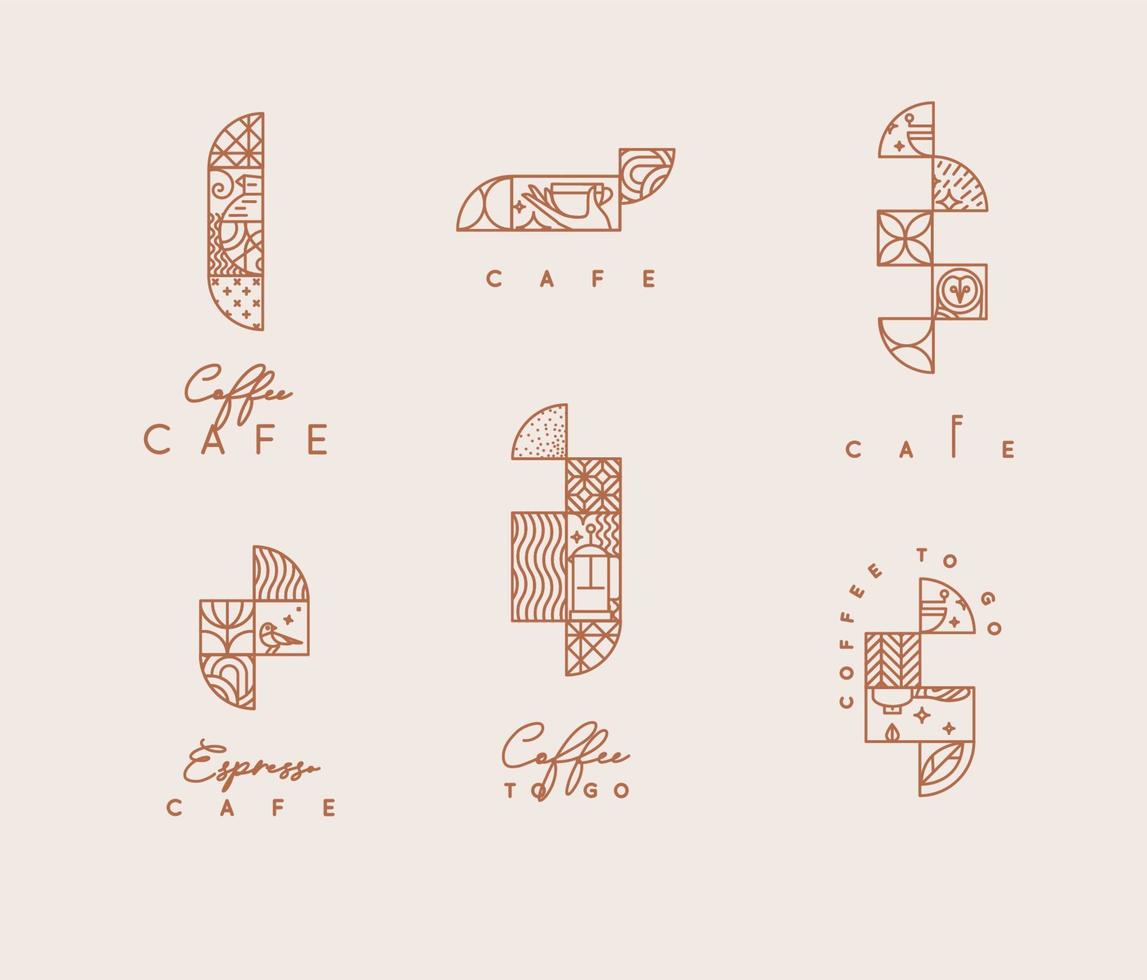 Set of creative modern art deco coffee elements in flat line style drawing on beige background. vector