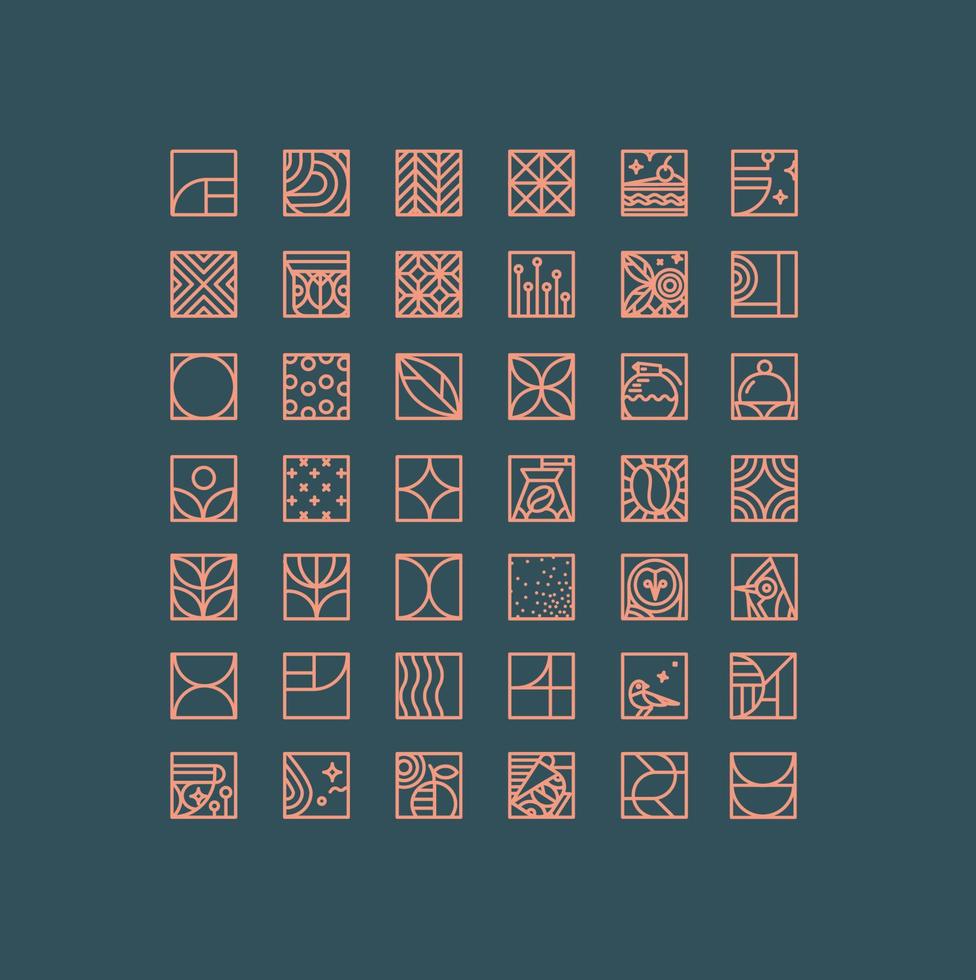 Set of creative modern art deco coffee icons in flat line style drawing on dark background. vector