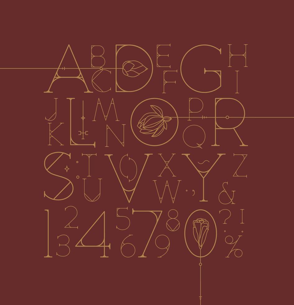 Art Deco alphabet with letters and numbers drawing on red background vector