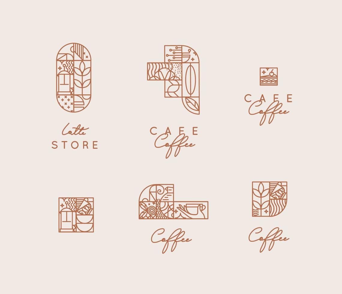 Set of creative modern art deco coffee symbols in flat line style drawing on beige background. vector