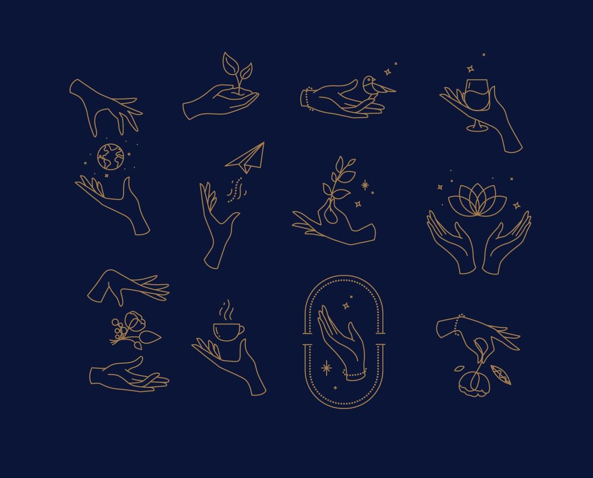 Hand symbols silhouettes drawing in flat style with brown lines on blue background vector