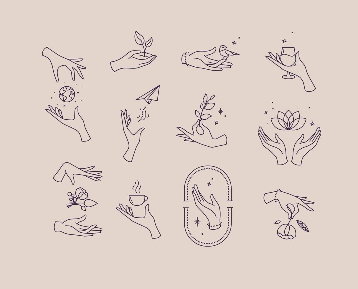 Hand symbols silhouettes drawing in flat style with black lines on beige background vector