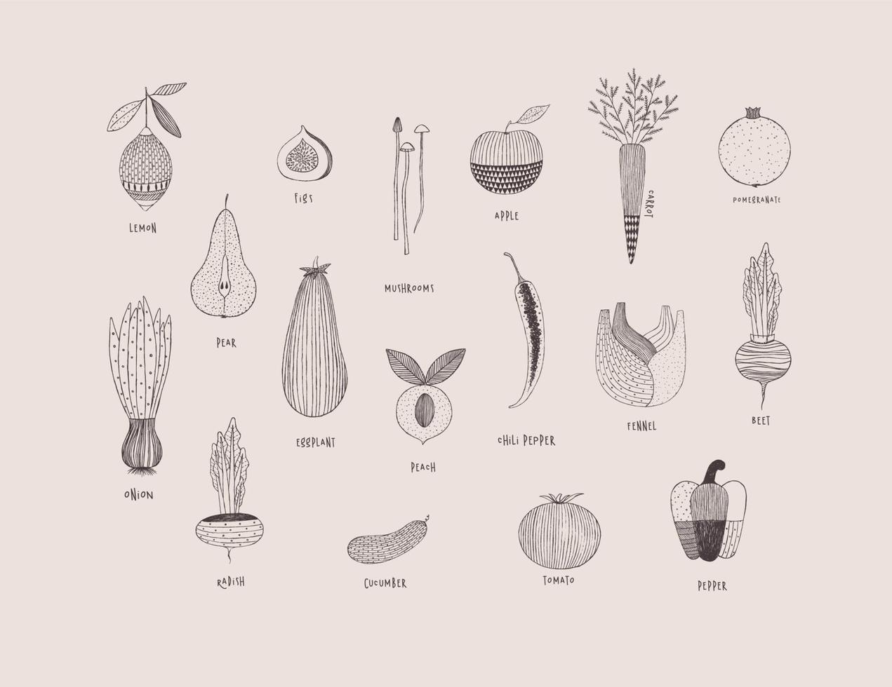 Fruits and vegetables in hand drawn ornament style lemon, pear, figs, mushrooms, apple, carrot, pomegranate, onion, eggplant, peach, chili pepper, fennel, beet, radish cucumber tomato pepper vector