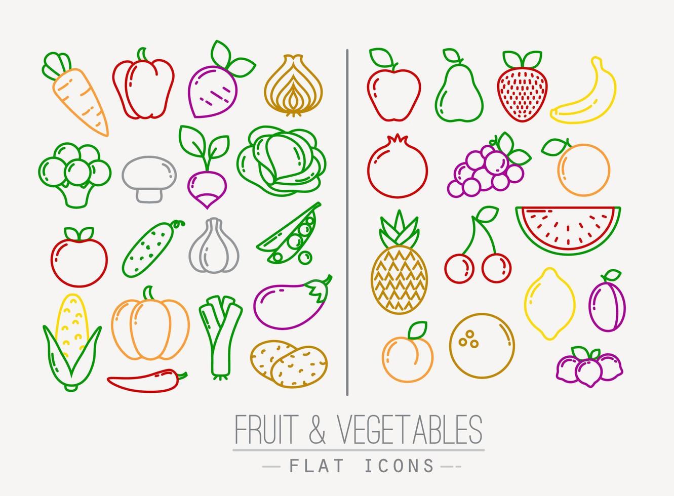 Set of flat fruits and vegetables icons drawing with color lines on white background vector