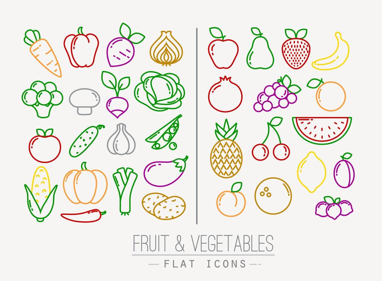 conjunto de iconos planos de frutas y verduras dibujando con líneas de color sobre fondo blanco vector