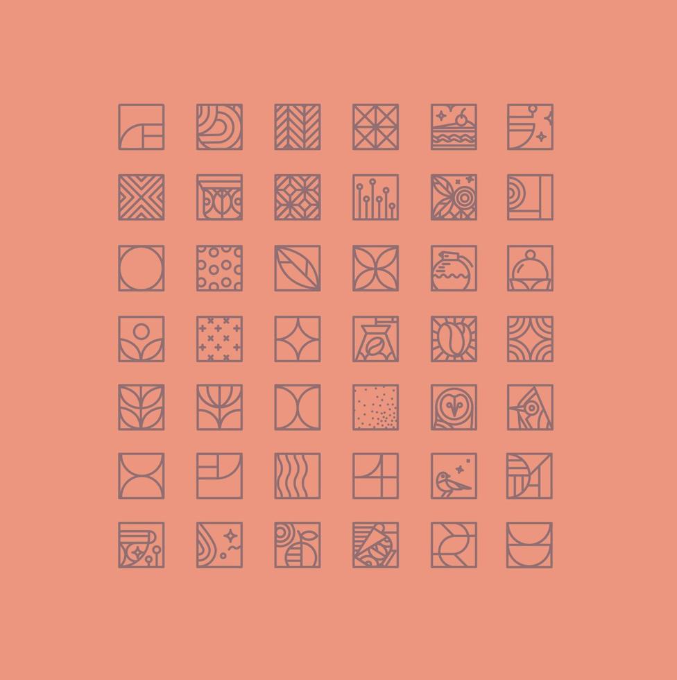 Set of creative modern art deco coffee icons in flat line style drawing on coral background. vector