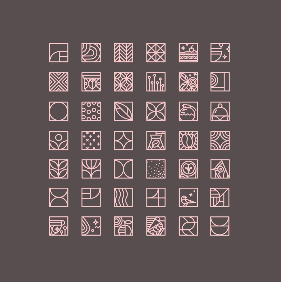 Set of creative modern art deco coffee icons in flat line style drawing on brown background. vector