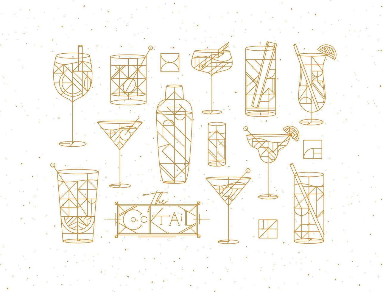 Art deco cocktails set drawing in gold line style on white background vector