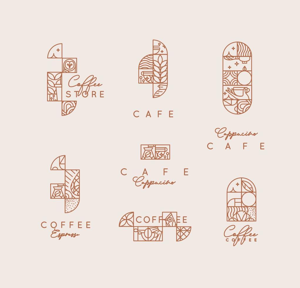 Set of creative modern art deco coffee elements in flat line style drawing on beige background. vector