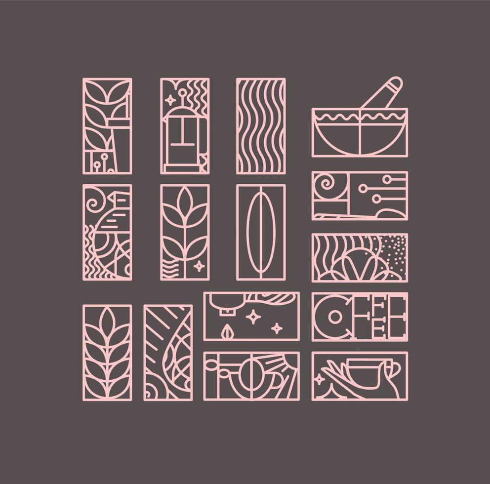 Set of creative modern art deco coffee signs in flat line style drawing on brown background. vector