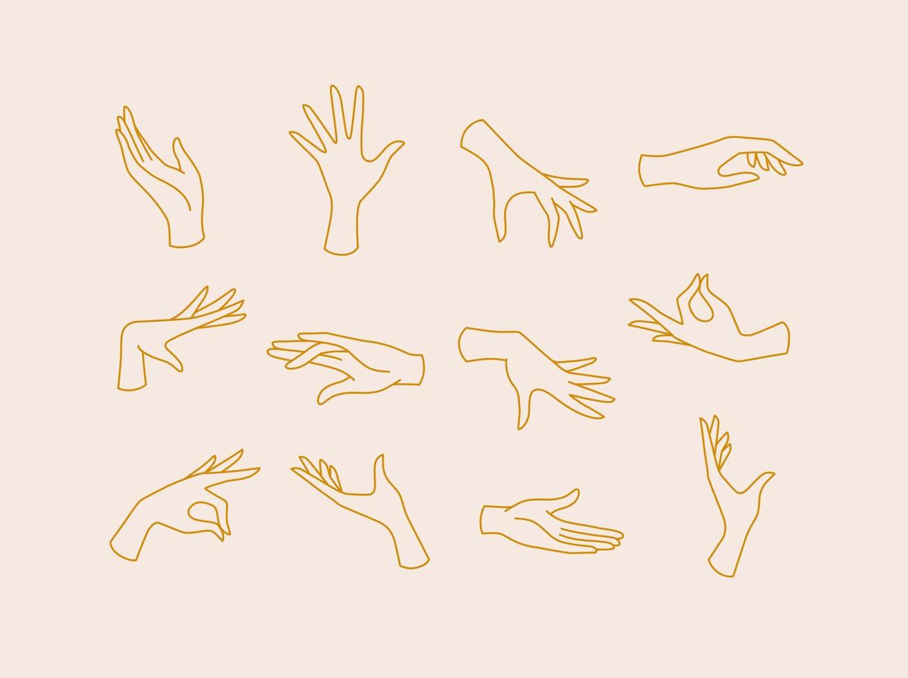 Hands icons drawing in flat style with brown lines on beige background vector