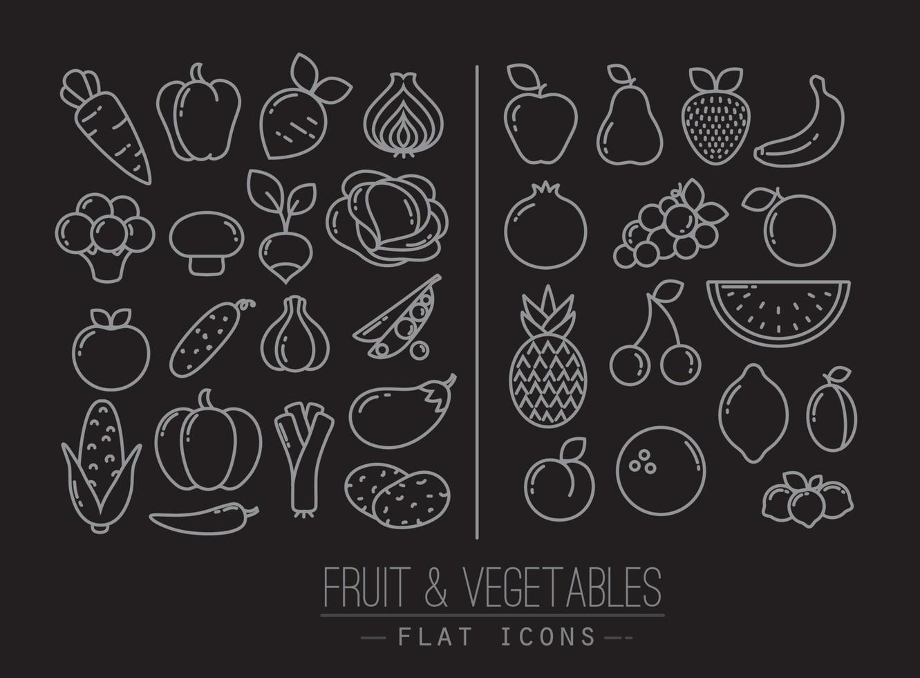 Set of flat fruits icons and vegetables drawing with white lines on black background vector