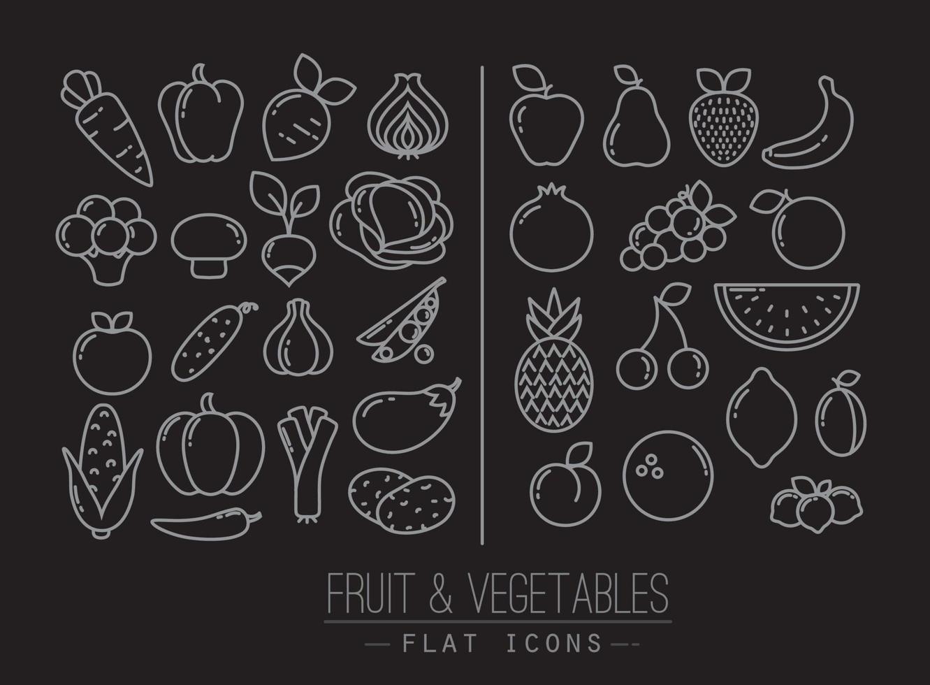 conjunto de iconos de frutas planas y dibujo de verduras con líneas blancas sobre fondo negro vector