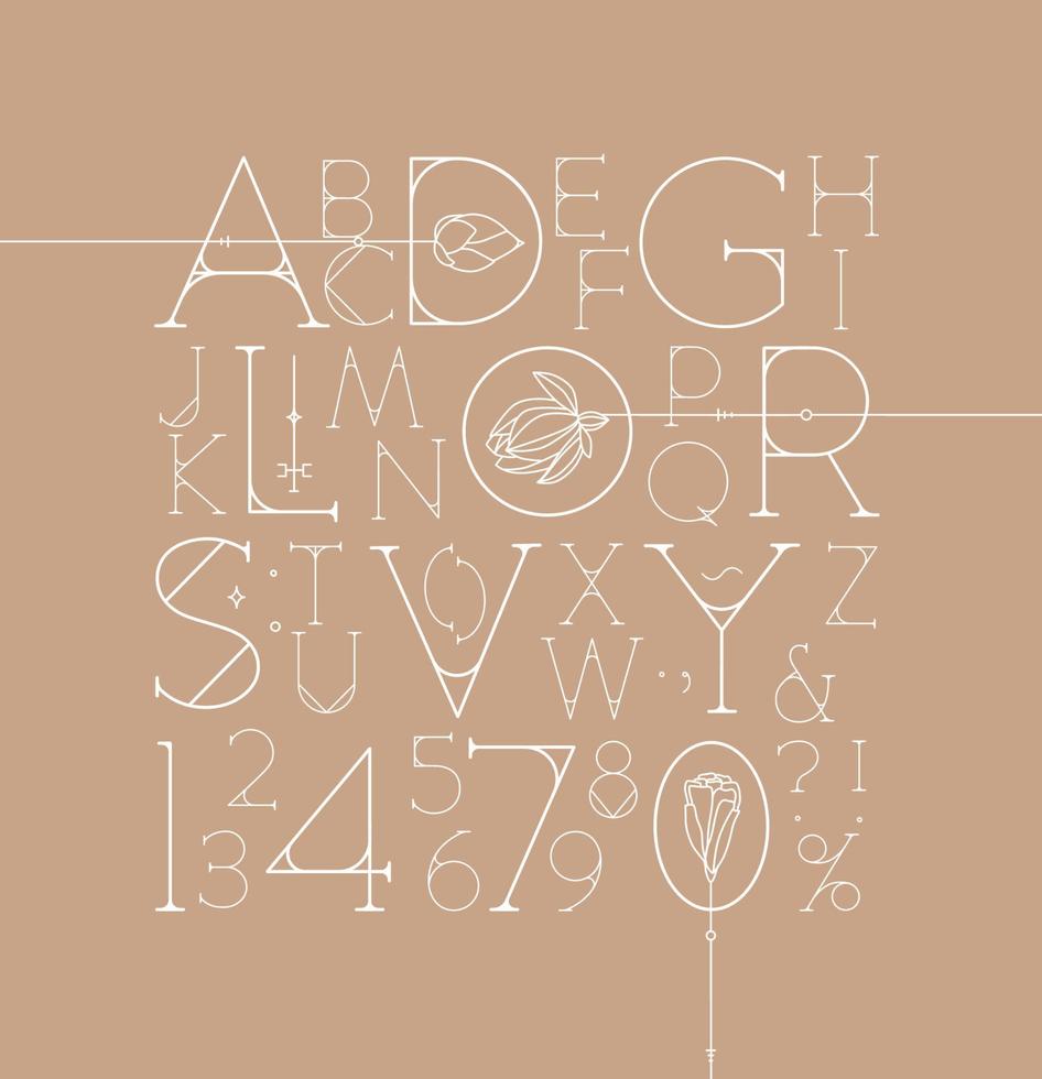 Art Deco alphabet with letters and numbers drawing on beige background vector